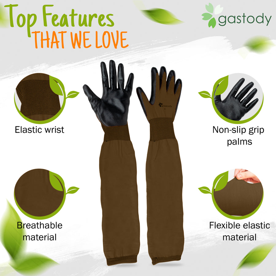 Gastody long sleeve gardening gloves in brown, feature