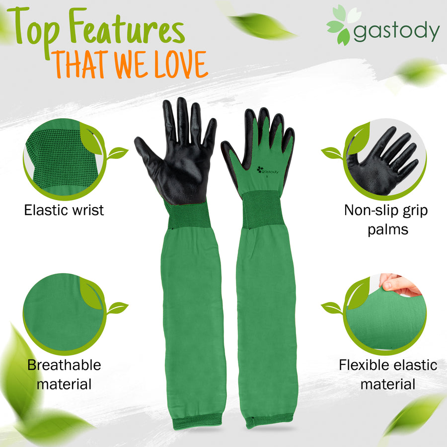 Gastody long sleeve gardening gloves in green, feature