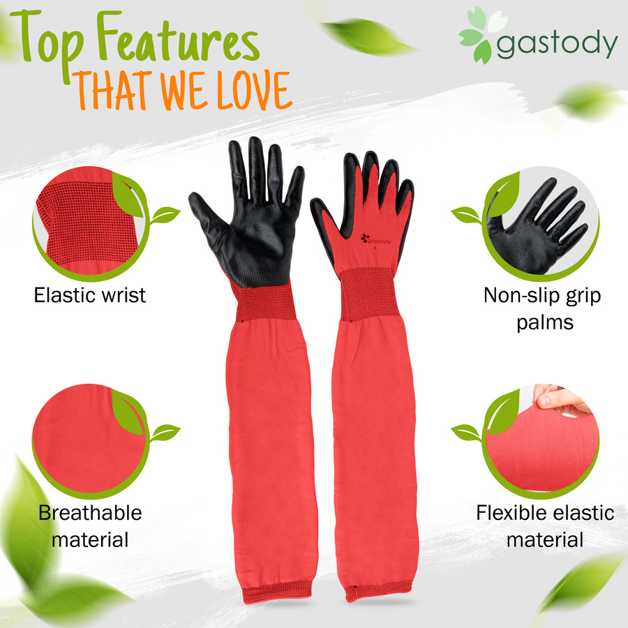 Gastody long sleeve gardening gloves in red, feature