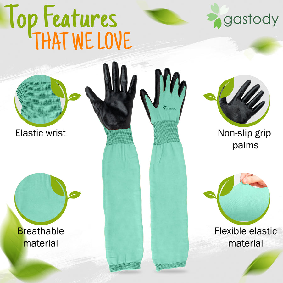 Gastody long sleeve gardening gloves in turquoise, feature